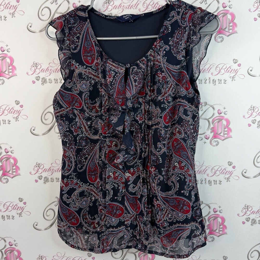 Reitmans tank top ruffle frilly paisley pattern Navy and Red Paisley Blouse
